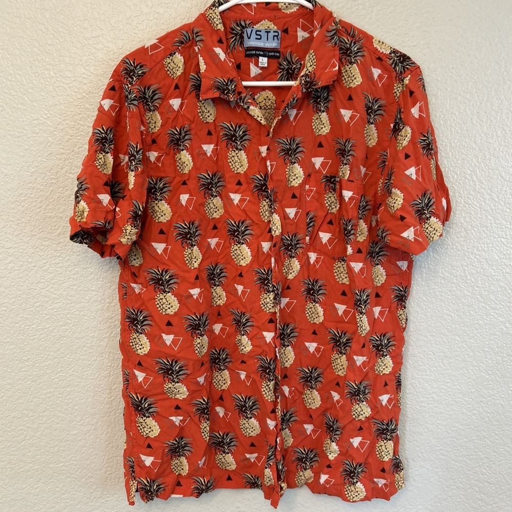 VSTR Shirt Mens Large Orange Pineapple Print Button Front Vintage Wash Viscose